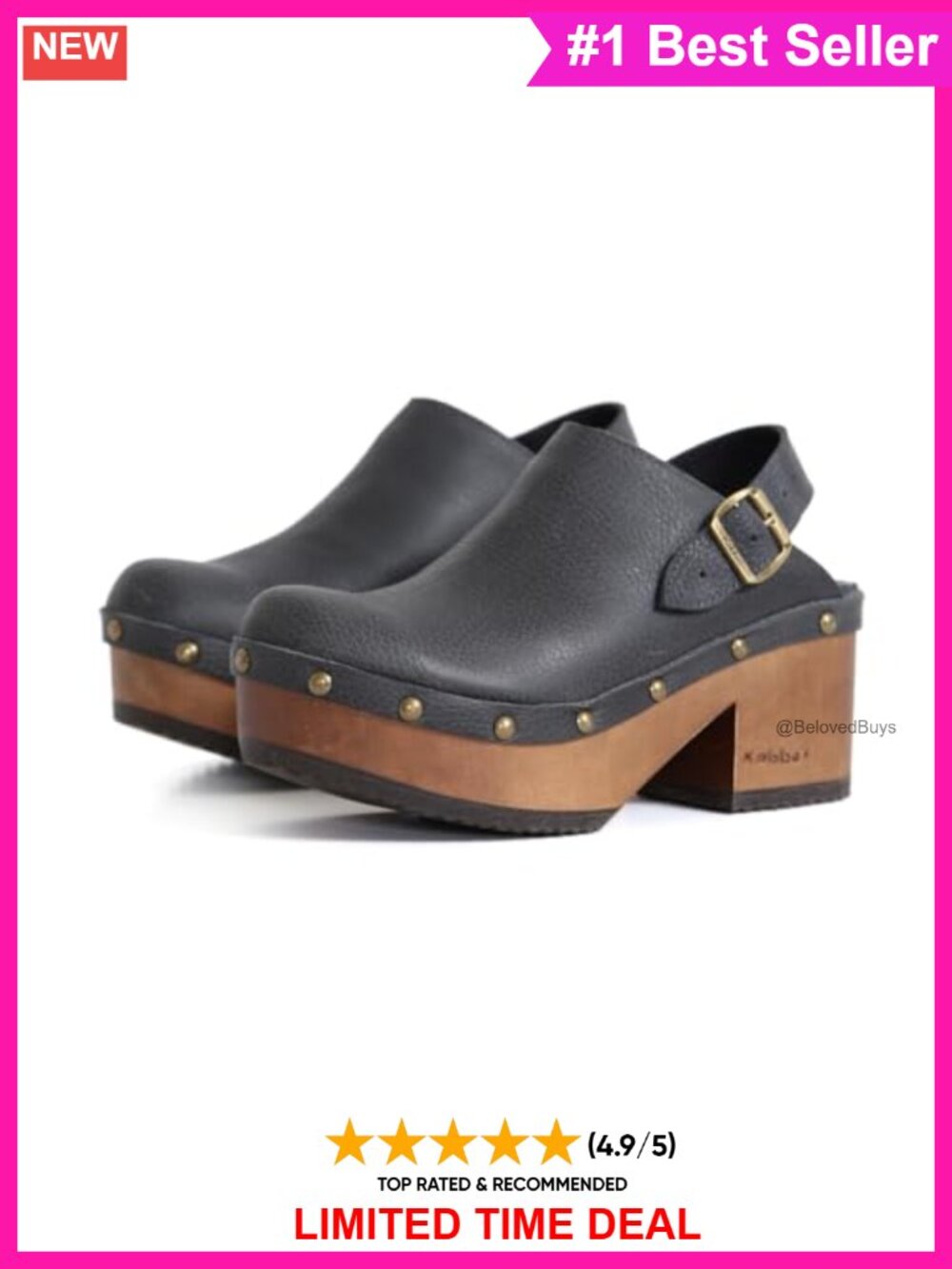Handmade Leather Platform Clogs Mules Adjustable Buckle Wood Sole